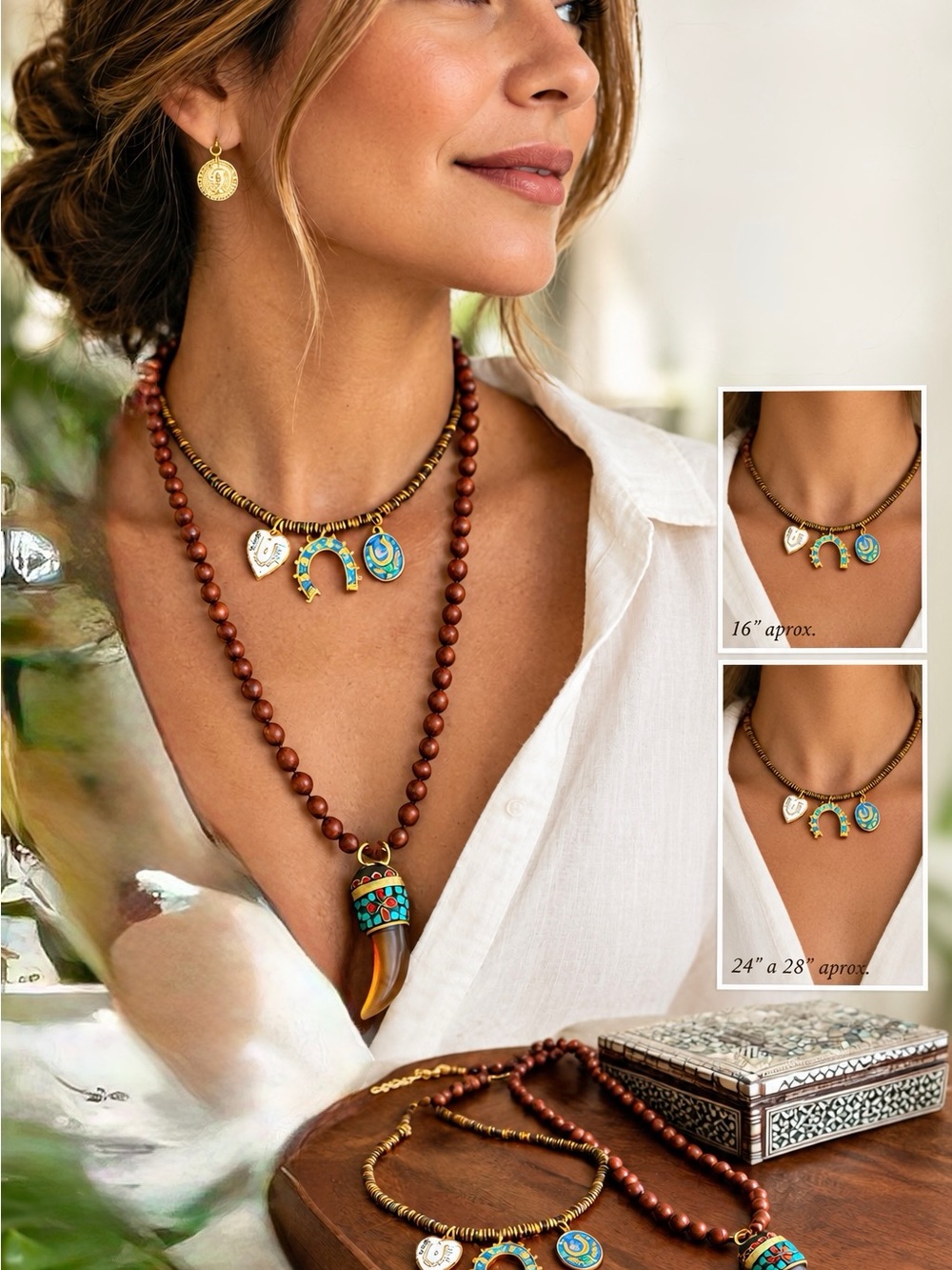 Layered Boho Charm Necklace Set in Brown and Turquoise